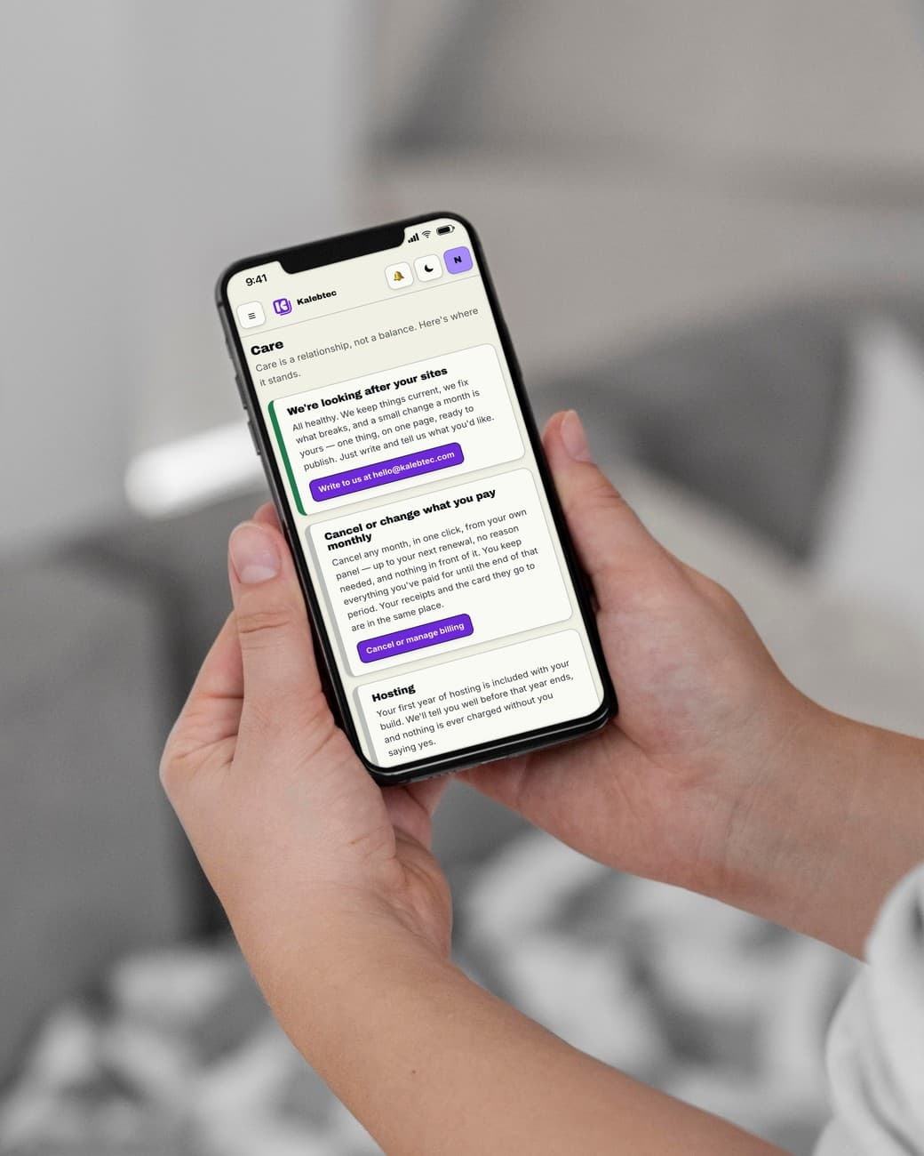 A phone open on the Care screen of the customer panel: a green-edged card saying we're looking after your sites with a button to write to us, a card to cancel or change what you pay monthly, and the start of the hosting note.
