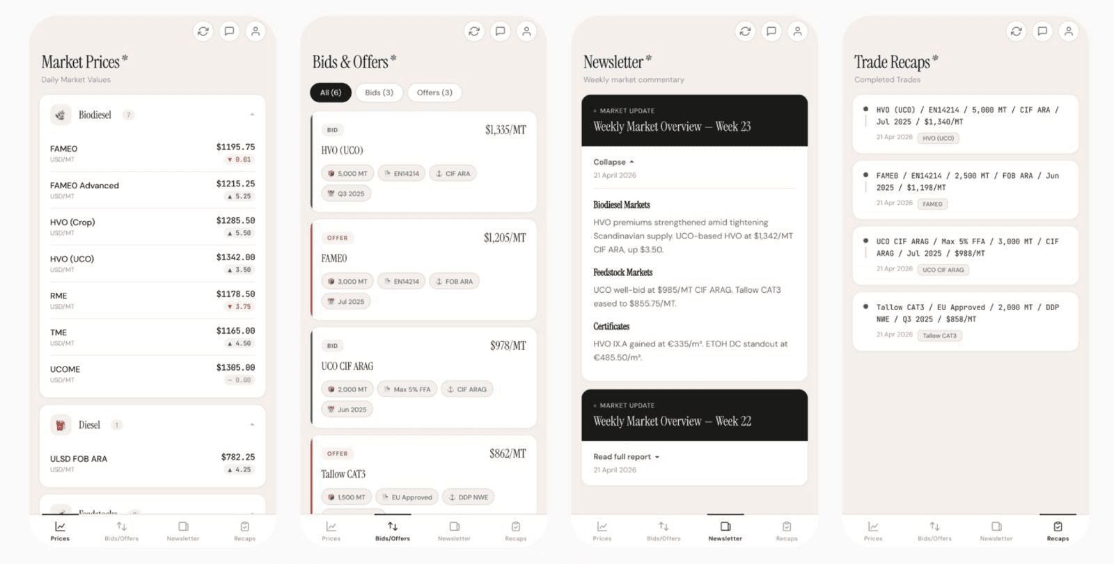 Pantallas de la app Bardi Fuels — precios de mercado, ofertas y demandas, boletín y resúmenes de operaciones