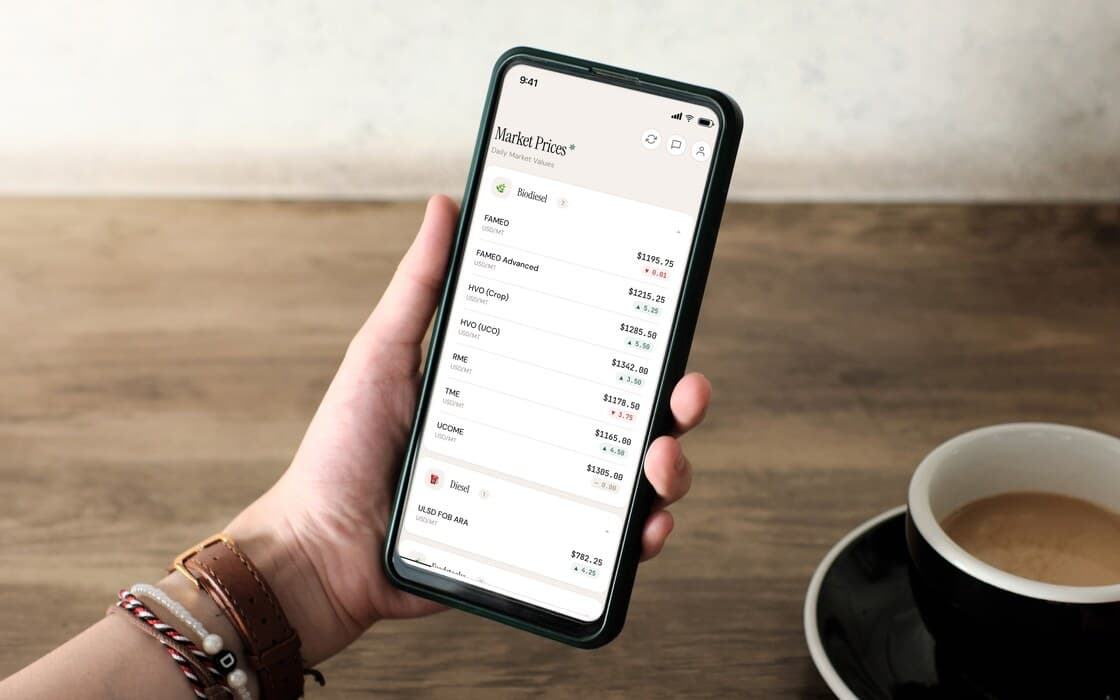 The Bardi Fuels iPhone app open on Market Prices: daily biodiesel and diesel prices in USD per tonne, each with its day's change.